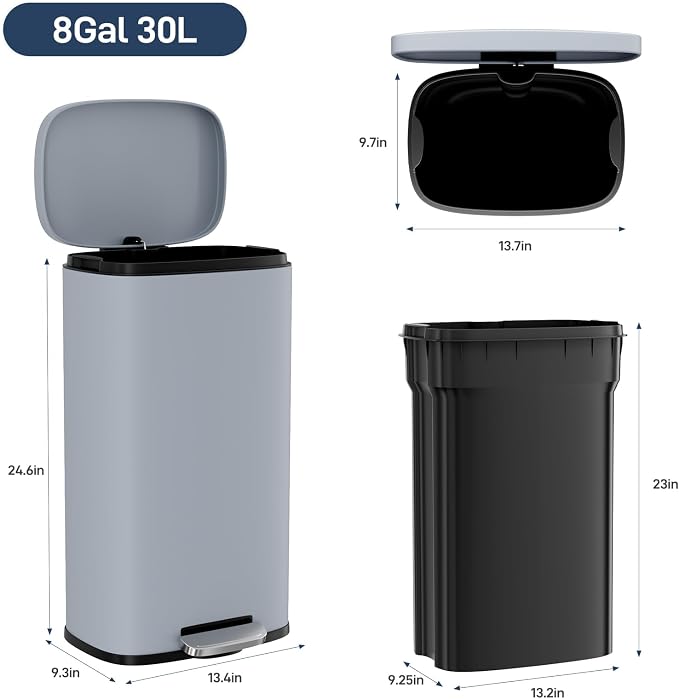 Arlopu 8/13.2 Gallon Step Trash Can, Stainless Steel Garbage Bin, Soft-Close - Image 2