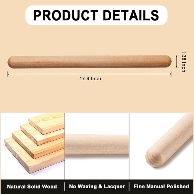 17.78 Inches French Rolling Pin, Extra-long Wood Rolling Pin - Image 2