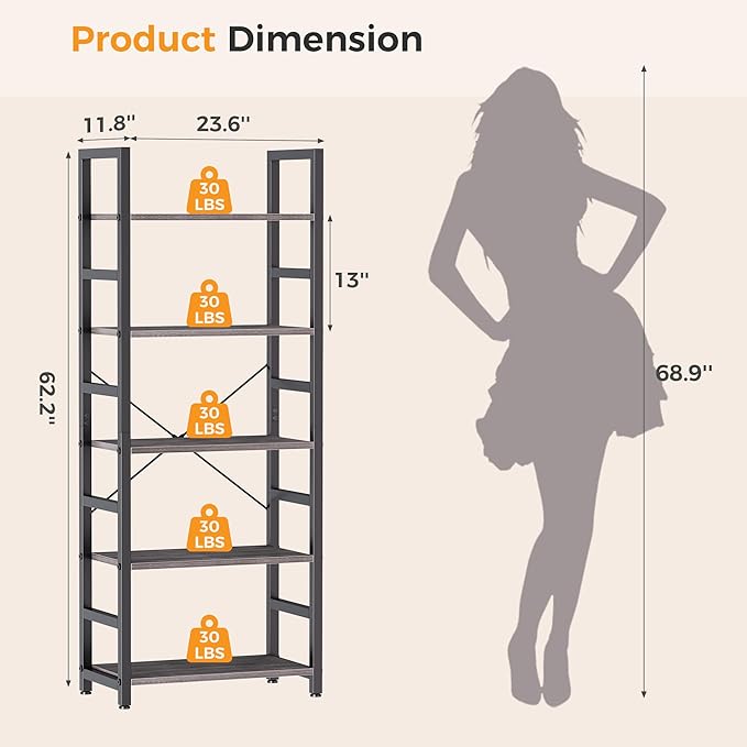 DUMOS 5-Tier Bookshelf, Modern Tall Bookcase, Open Storage Display Shelf - Image 3