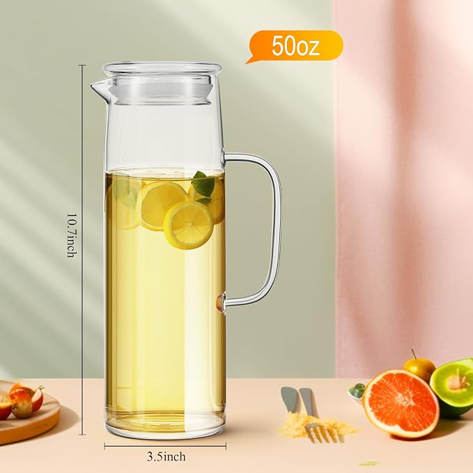 Hsei 2 Sets Glass Pitcher with Lid, 50 oz / 1500 ml Water Carafe with Handles - Image 4