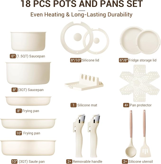 Ammeloo 18-Piece Ceramic Pots and Pans Set Non Stick, Non Toxic Cookware Set - Image 8