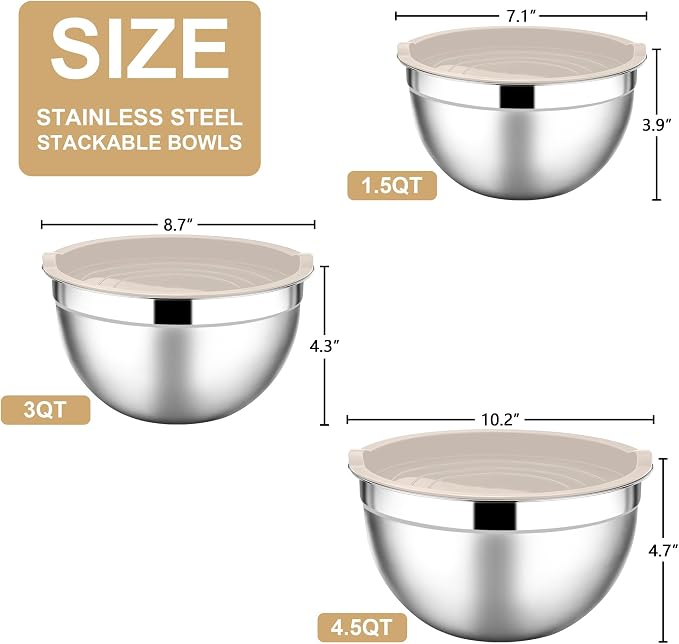 E-far Mixing Bowls with Lids, 6-Piece Stainless Steel Salad Bowls Metal Nesting - Image 2