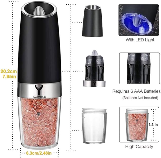 Gravity Electric Grinder set of 2, Automatic Pepper and Salt Mill Grinder - Image 6