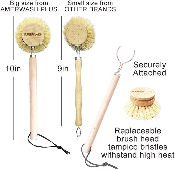 AMERWASH PLUS Dish Brush with Wooden Handle, Natural Kitchen Brush - Image 5