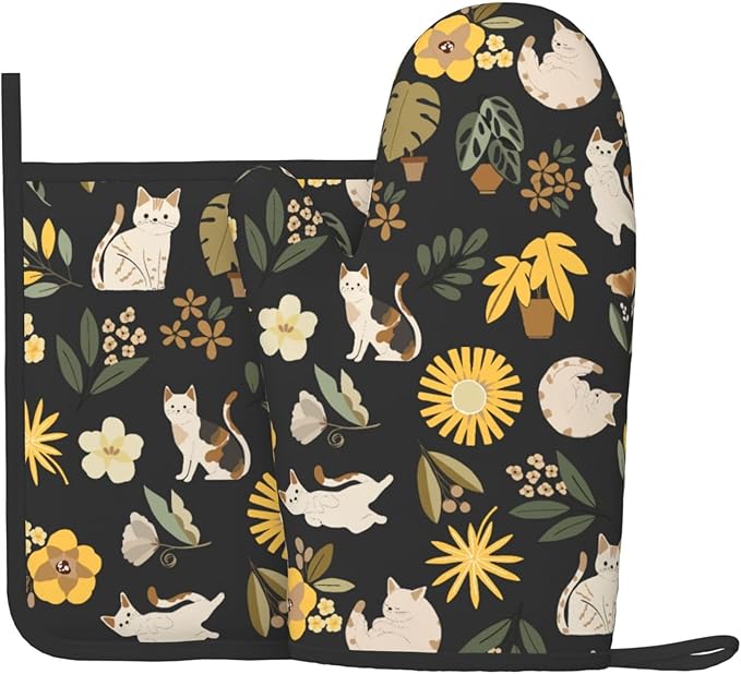 Cute Cats Flowers Garden Silicone Oven Mitts Pan Mats Set of 2, Heat Resistant by Cayiibe