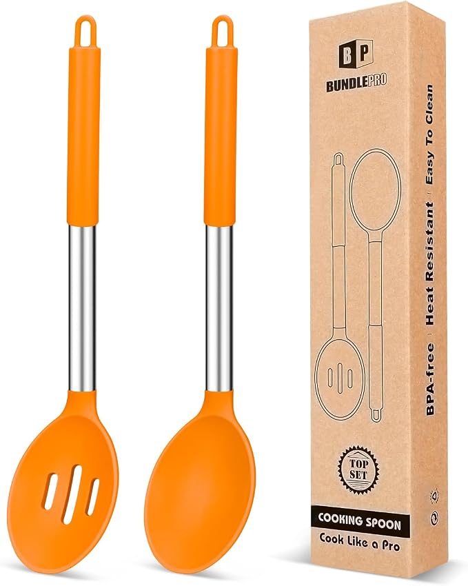 Pack of 2 Large Silicone Cooking Spoons, Non Stick Solid Basting Spoon by BUNDLEPRO