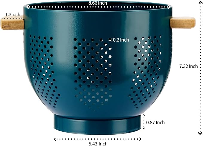 Metal Colander with Wood Handle, Powder Coated Steel Large Kitchen Strainer - Image 2
