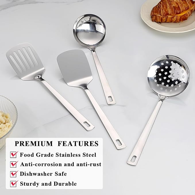 Stainless Steel Kitchen Utensils Set, 4-Piece – Slotted Turner, Solid Turner - Image 4