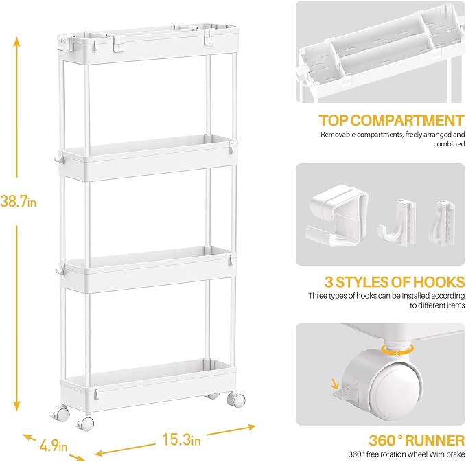 SPACELEAD Slim Storage Cart 4 Tier, Bathroom Organizer Rolling Utility - Image 3