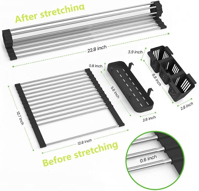 Black Expandable Roll Up Dish Drying Rack Up to 22.8''with 2 Storage Baskets - Image 6
