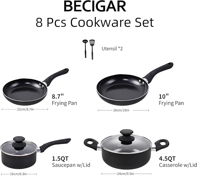 BECIGAR 8pcs Black Ceramic Pots and Pans Set, Cooking Pan Set, Cooking Pot Set - Image 2
