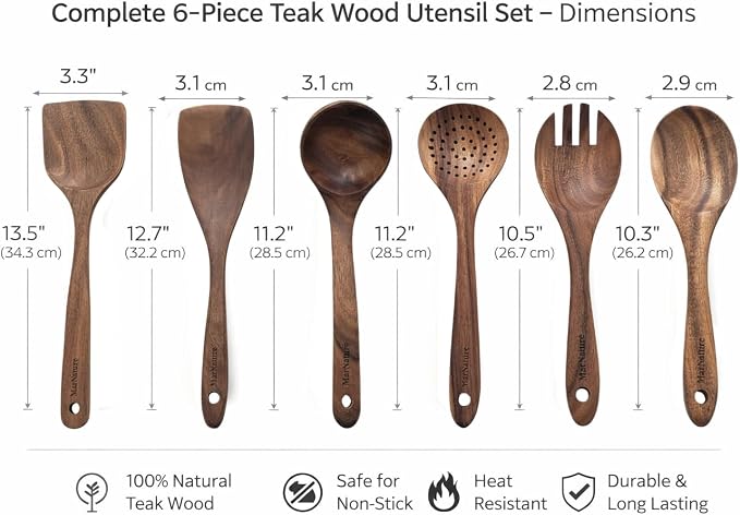 Teak Wood Kitchen Utensils Set – 6 Piece, Sustainable Teak Cooking Utensils - Image 4