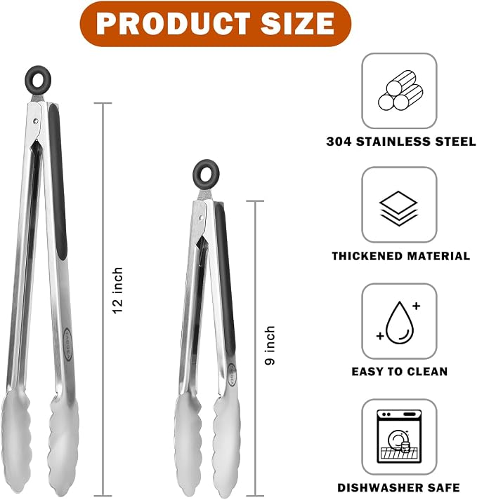 TACGEA Stainless Steel Kitchen Tongs, Silicone Non-slip Grip, Locking Grilling - Image 2