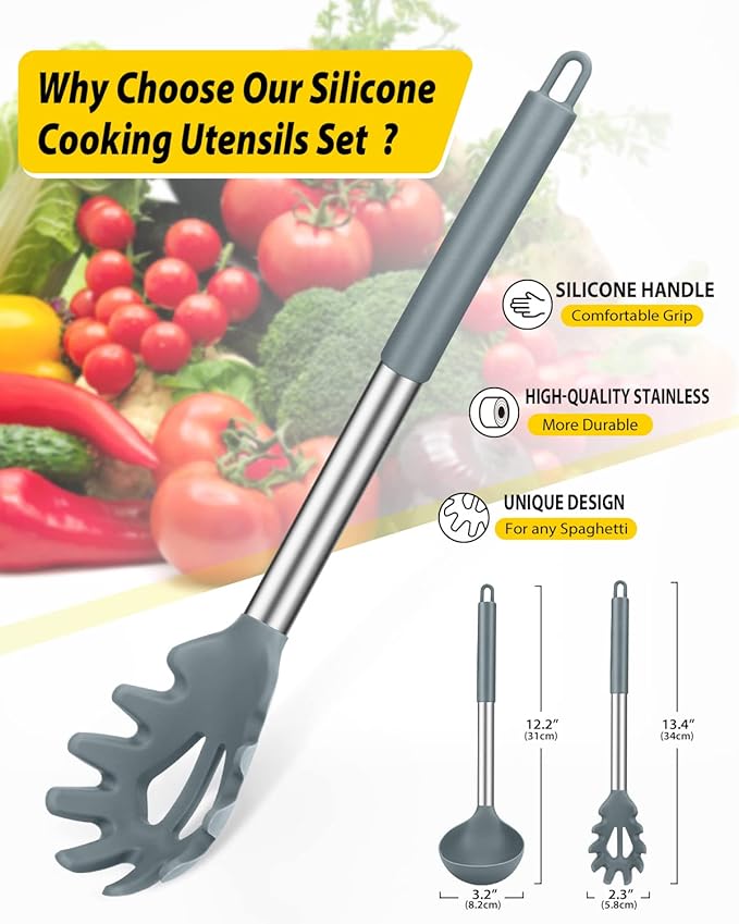 Silicone Pasta Fork and Ladle Spoon Set, Large Non Stick Kitchen Utensils - Image 2