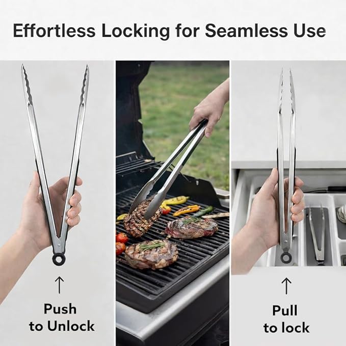 Kona Premium Stainless-Steel Locking Grill Tongs 17 inch, Heavy Duty Tongs - Image 5