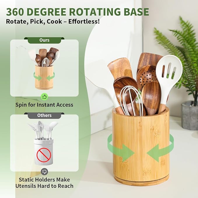 Wooden Utensil Holder, 360°Rotating 7.3'' Large Utensil Holder - Image 3
