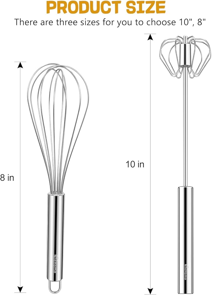 NileHome Stainless Steel Whisk 8" Hand Blender + 10" Semi-Automatic Rotary - Image 2
