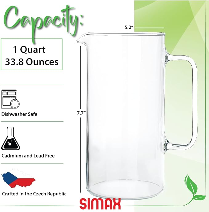Simax Glass Pitcher, 32 Ounce Borosilicate Glass, Hot and Cold Safe Iced Tea - Image 2