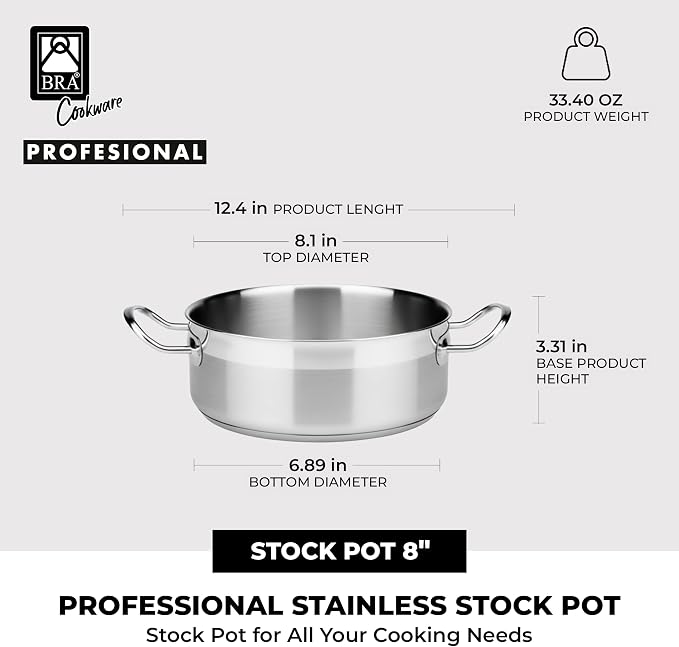 BRA COOKWARE Profesional 18/10 Stainless Steel Stock Pot w/Glass Lid | 8 Inch - Image 3