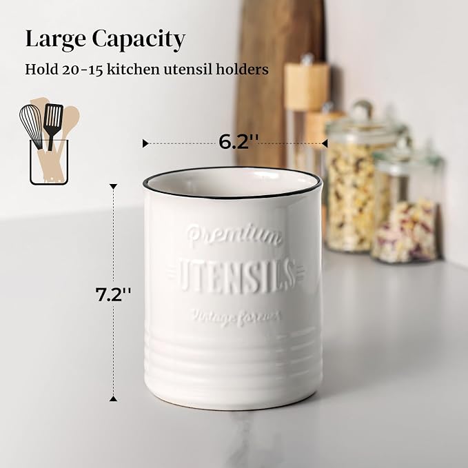 DOWAN 3 Compartment Kitchen Utensil Holder, 7.2″ Extra-Large Ceramic Stable - Image 6