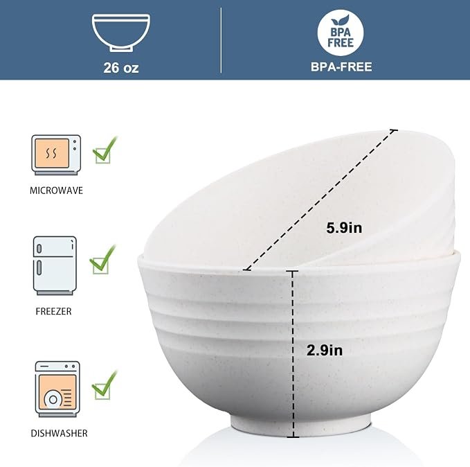 Wrova Wheat Straw Bowls Set of 8, Unbreakable White Cereal Bowl 26OZ, Microwave - Image 2