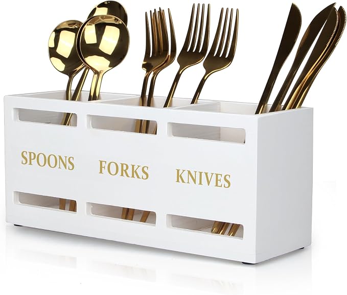 Ayiaren Wood Flatware Silverware Caddy White Cutlery Holder Kitchen Utensils by Ayiaren