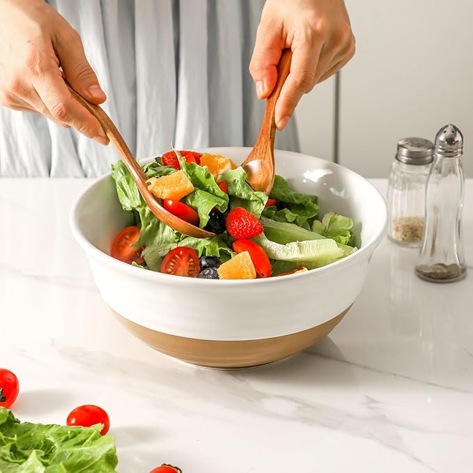 HASENSE Large Ceramic Serving Bowls Set of 2, 60 Oz 8.5 Inch White & Terracotta - Image 7