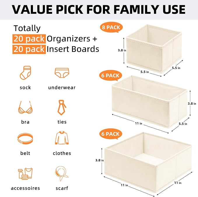 【FAMILY PACK】Drawer Organizer Clothes, 20 Pack Dresser Organizer Bins - Image 2