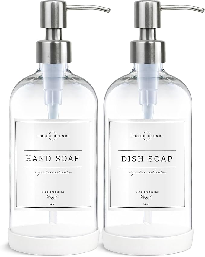 Vine Creations Clear Glass Soap Dispenser, 2 Pack Kitchen Soap Dispenser Set by VineCreations