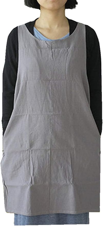 Cotton Linen Japanese Apron Halter Cross Back Bandage X Shape Aprons Two Pockets by AOBBYBBS
