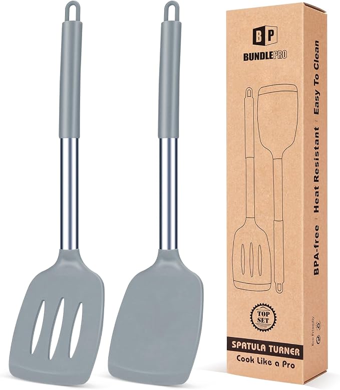 Pack of 2 Silicone Solid Turner, Non Stick Slotted Kitchen Spatulas, High Heat by BUNDLEPRO