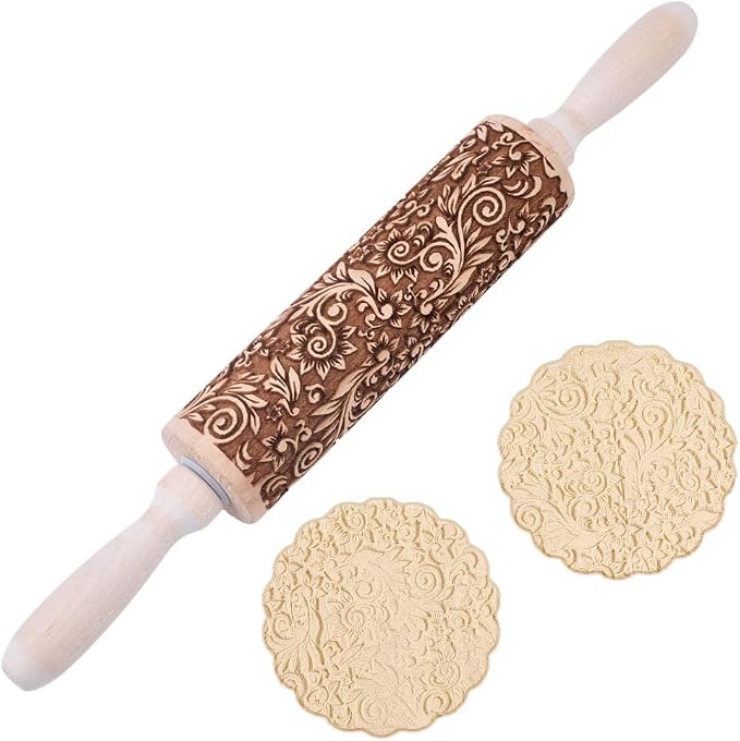Embossed Wooden Rolling Pin Vine Print 35cm Rolling Pin by DELORIGIN