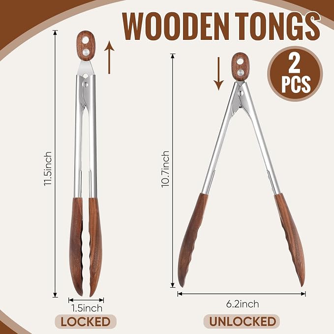 Baderke 2 Pcs Kitchen Tongs for Cooking Wooden Utensil Set Salad Tongs - Image 2