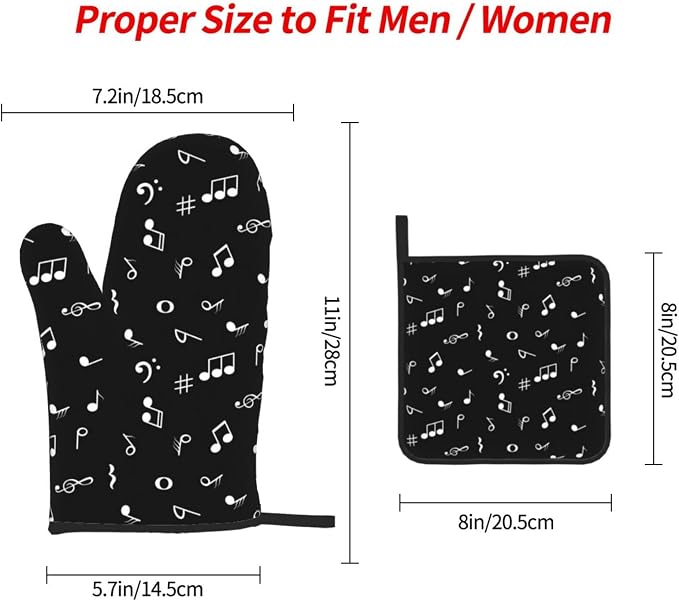 Music Notes Oven Mitts and Pot Holders Sets of 3 Black Hot Pads Musicial Oven - Image 4