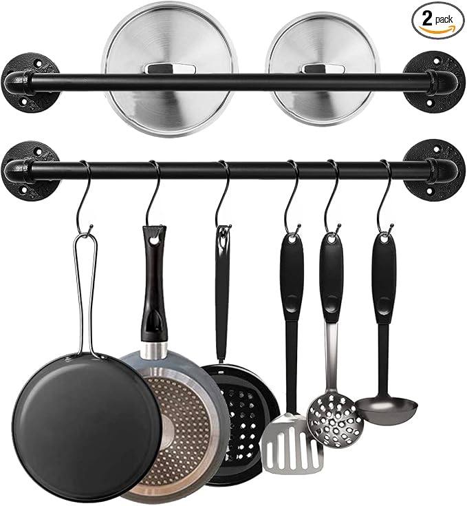 Industrial Pipe Pot Pan Rack 21", Wall mount Pot hangers Pan Hanging Rail Lid by Bailoo