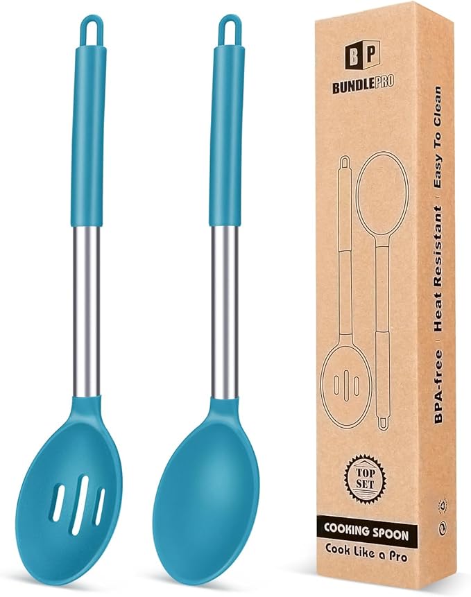 Pack of 2 Large Silicone Cooking Spoons, Non Stick Solid Basting Spoon by BUNDLEPRO