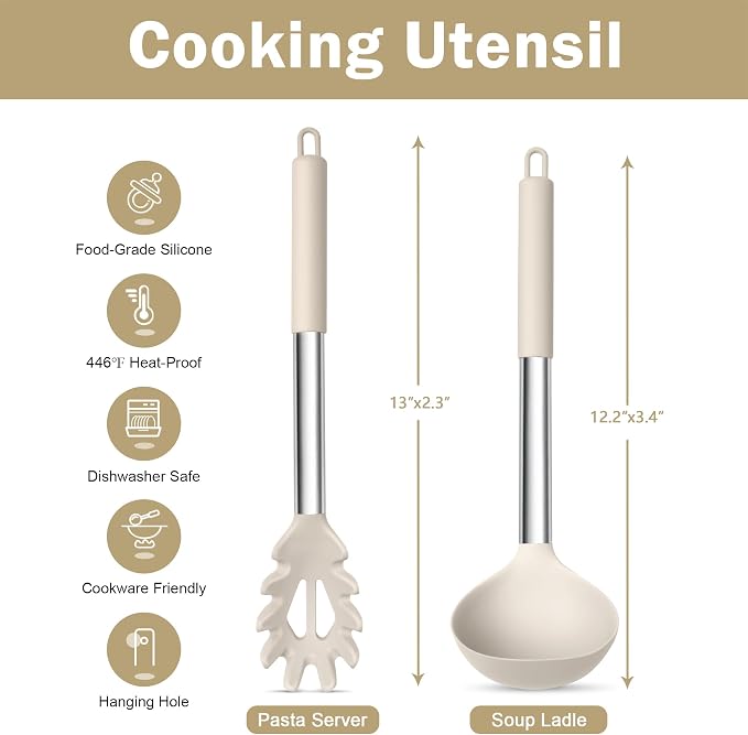 TeamFar Silicone Soup Ladle and Pasta Fork Set, Serving Soup, Non-Toxic & - Image 2