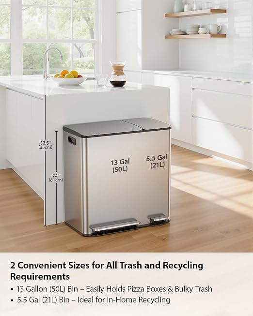 Lovewind Double Trash Can Kitchen, 13+5.5 Gallon Stainless Steel Dual Trash and - Image 2
