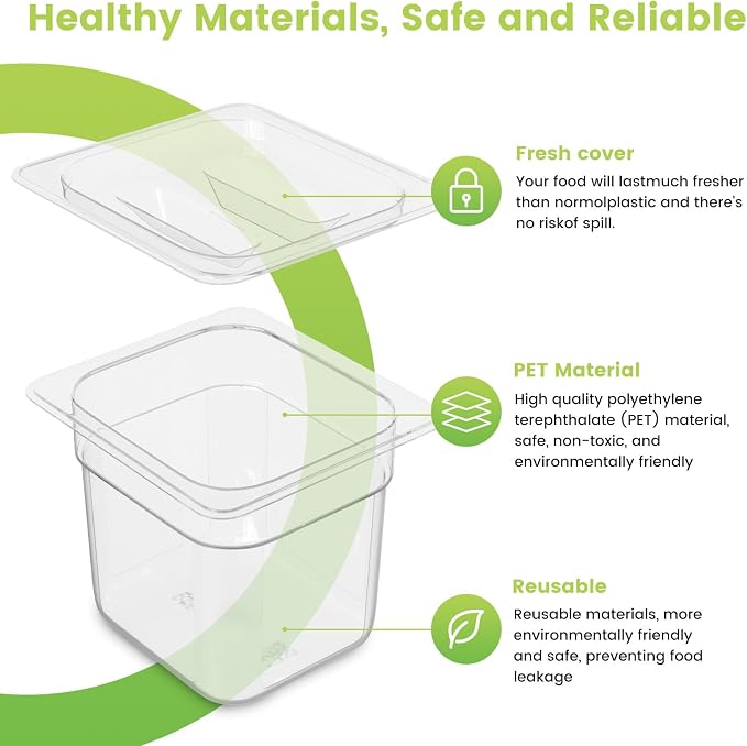 12 Pack Plastic Food Pan with Lid 1/6 Size 6 Inch Deep Restaurant Clear Food - Image 3