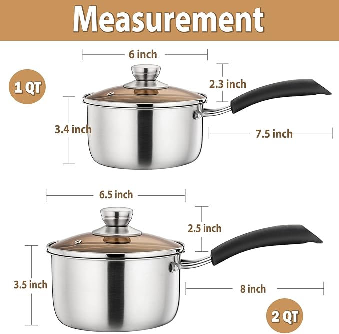 P&P CHEF 1 & 2 Quart Saucepan Small Pot, Stainless Steel Saucepan - Image 2