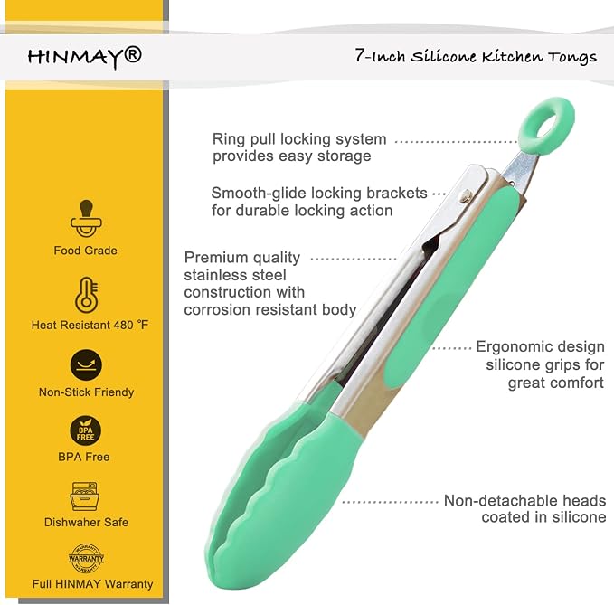 HINMAY Small Tongs with Silicone Tips 7-Inch Serving Tongs - Image 2
