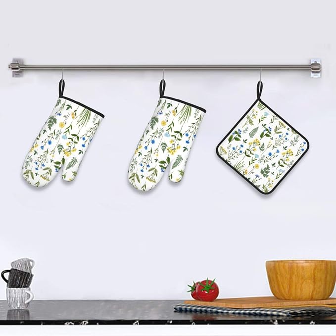 Blue Yellow Green Floral Oven Mitts & Pot Holders Sets of 3, Heat Resistant Sky - Image 5