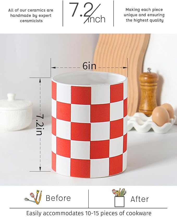 Utensil Holder, 7.2 Inch Checkered Utensil Holder, Ceramic Cooking Utensil - Image 2