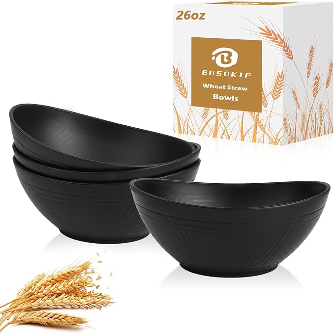 Plastic Bowls 26 OZ, Unbreakable Wheat Straw Bowl 4 PCS, Microwave and by BUSOKIP
