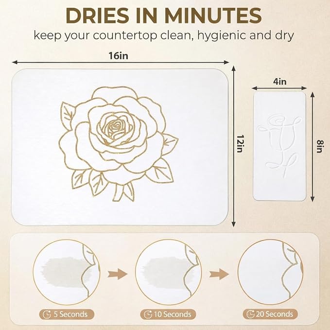 Stone Dish Drying Mat for Kitchen Counter, Glittery Resin Rose Pattern Quick - Image 3