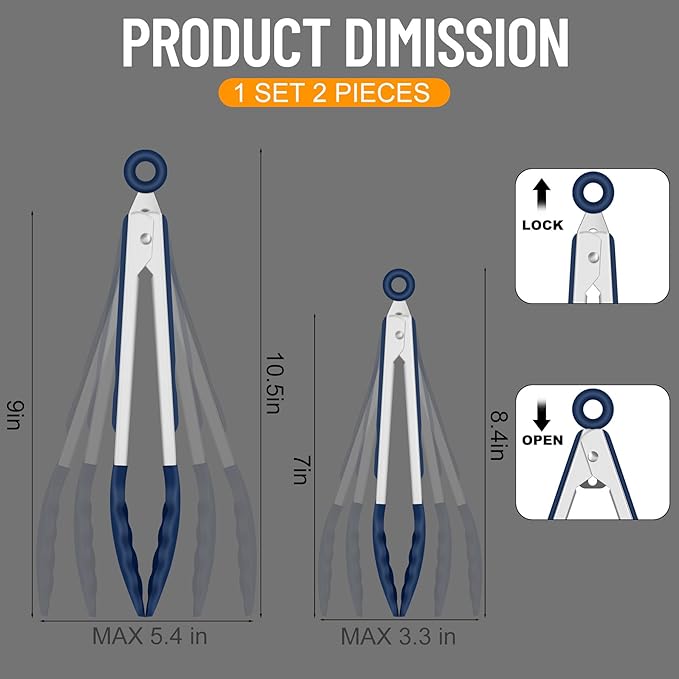 HOTEC Premium 7 & 9 Inch Kitchen Tongs, Stainless Steel Locking Cooking Tongs - Image 8