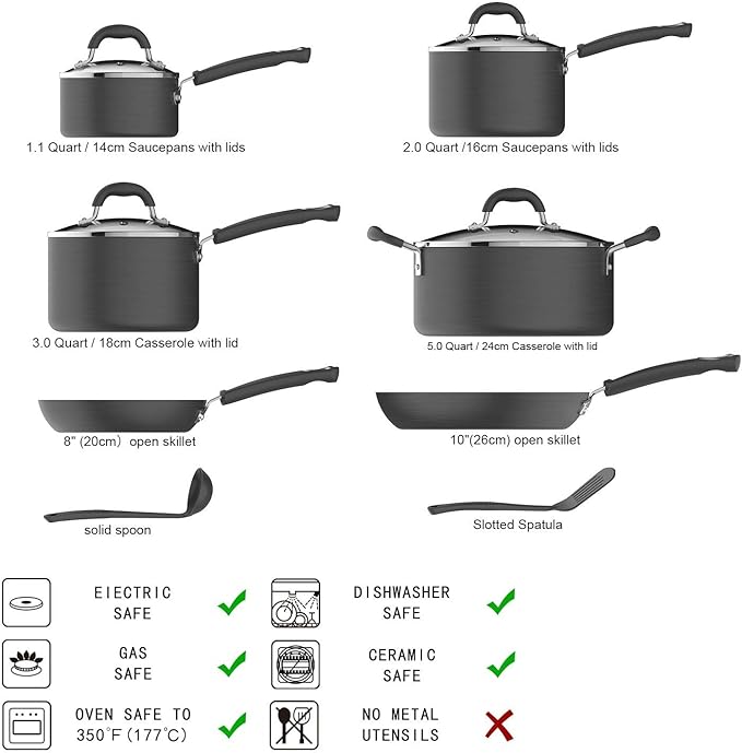 Amazon Basics Hard Anodized Non-Stick 12-Piece Cookware Set, Pans and Utensils - Image 2