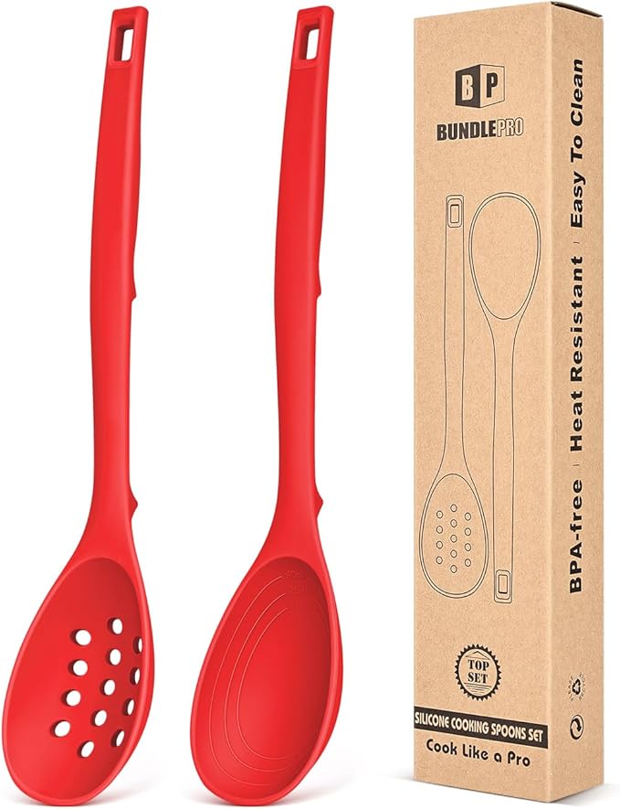 Pack of 2 Silicone Cooking Spoons, Non Stick Solid Kitchen Spoon by BUNDLEPRO