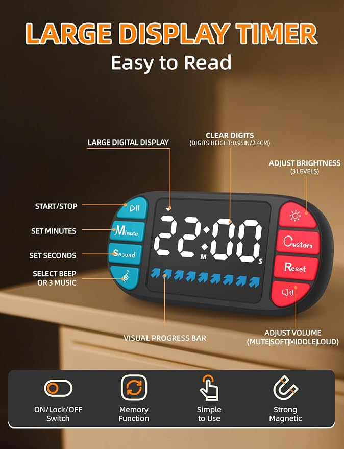 DOOMAY Digital Kitchen Visual Timer: 3.6'' Large LED Display, 3 Brightness - Image 2