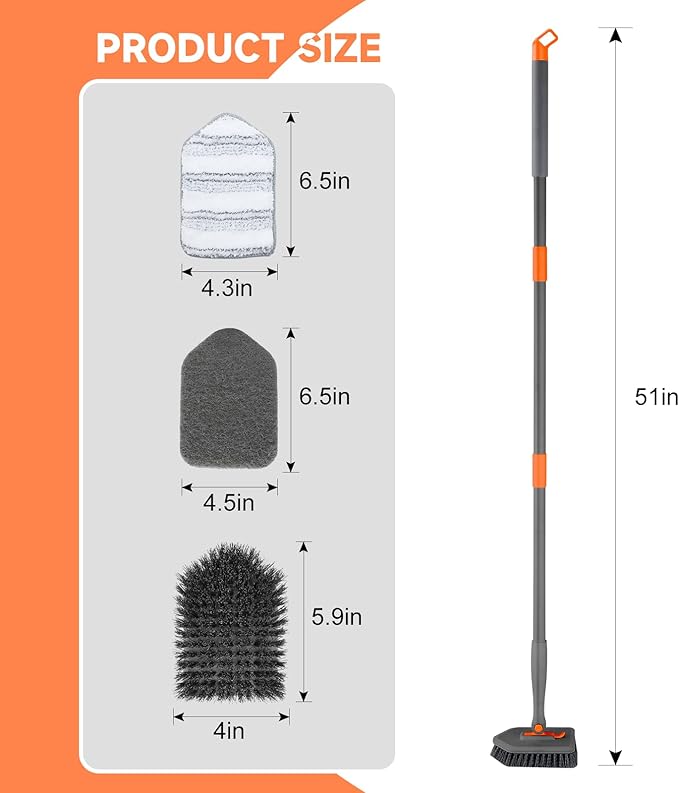 nacena Shower Scrubber with Long Handle, 3 in 1 Tile Tub Scrubber Brush with 3 - Image 2